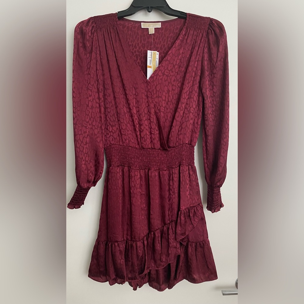 Michael Kors Silky Cheetah Print Burgundy Julia Dress with Faux Wrap